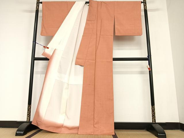 平和屋着物●上質な紬 色無地 浅緋色 正絹 逸品 AABB6592zg