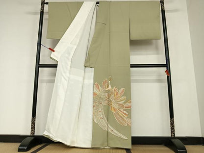 平和屋着物●豪華色留袖　駒刺繍　孔雀花文　金彩　正絹　逸品　AABB6596zg