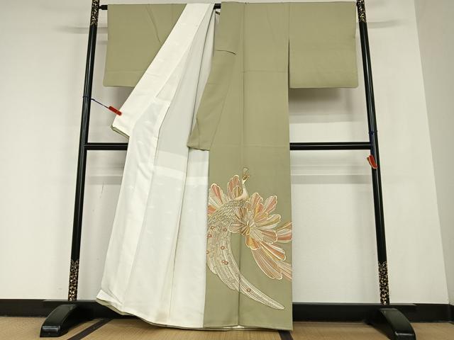 平和屋着物●豪華色留袖　駒刺繍　孔雀花文　金彩　正絹　逸品　AABB6596zg