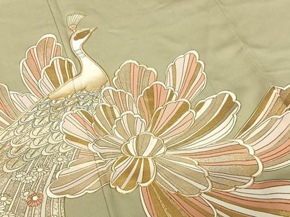 平和屋着物●豪華色留袖　駒刺繍　孔雀花文　金彩　正絹　逸品　AABB6596zg