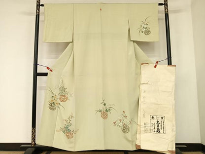 平和屋着物●銀座 志ま亀 訪問着 手描き 花籠 金彩 たとう紙付き 正絹 逸品 AABB6607np
