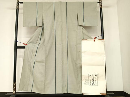 平和屋着物▽銀座 志ま亀 本場結城紬 重要無形文化財 単衣 縞 たとう紙付き 正絹 逸品 AABB6609np