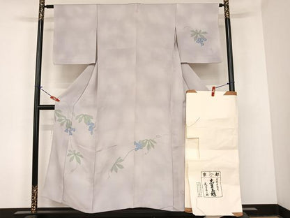 平和屋着物▽銀座 志ま亀 訪問着 単衣 手描き 草花文 たとう紙付き 正絹 逸品 AABB6610np