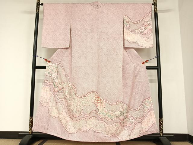 平和屋着物●名門　藤娘きぬたや・総絞り　訪問着　道長花文　正絹　逸品　AABB6639np