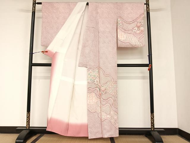 平和屋着物●名門　藤娘きぬたや・総絞り　訪問着　道長花文　正絹　逸品　AABB6639np