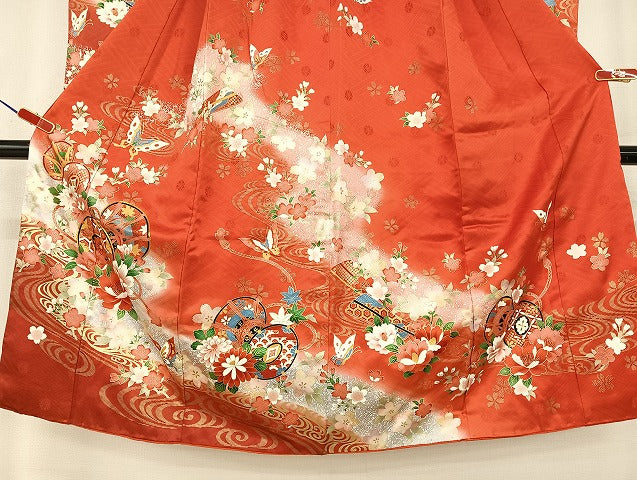平和屋着物[]七五三　女の子　７歳　祝着　四つ身　駒刺繍　花蝶鼓文　暈し染め　金彩　正絹　逸品　AABB6656ja
