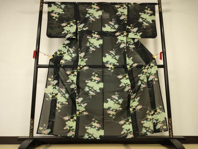 平和屋着物＊夏物 小紋 絽 雲取り花文 洗える着物 AABB6687jd