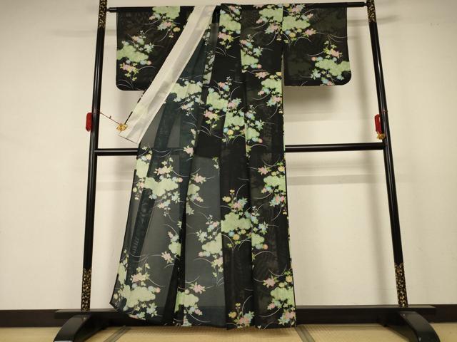 平和屋着物＊夏物 小紋 絽 雲取り花文 洗える着物 AABB6687jd