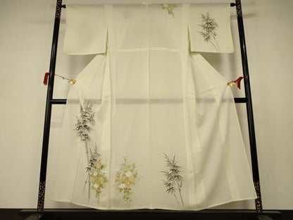 平和屋着物＊夏物 訪問着 絽 手描き 笹竹草花文 正絹 逸品 AABB6705jd