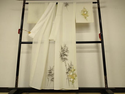平和屋着物＊夏物 訪問着 絽 手描き 笹竹草花文 正絹 逸品 AABB6705jd