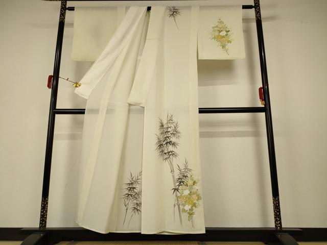 平和屋着物＊夏物 訪問着 絽 手描き 笹竹草花文 正絹 逸品 AABB6705jd