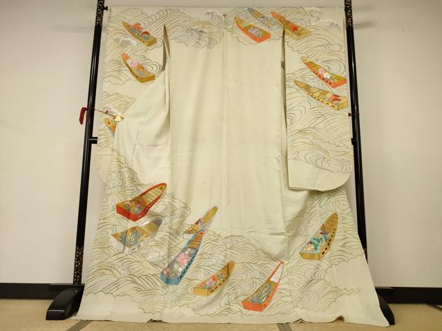 平和屋着物＊夏物 アンティーク 振袖 絽 刺繍 舟 金銀糸 正絹 逸品 AABB6711jd