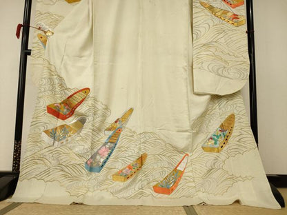 平和屋着物＊夏物 アンティーク 振袖 絽 刺繍 舟 金銀糸 正絹 逸品 AABB6711jd