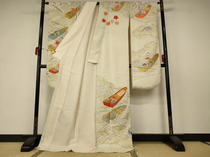 平和屋着物＊夏物 アンティーク 振袖 絽 刺繍 舟 金銀糸 正絹 逸品 AABB6711jd