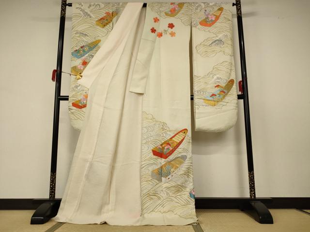 平和屋着物＊夏物 アンティーク 振袖 絽 刺繍 舟 金銀糸 正絹 逸品 AABB6711jd