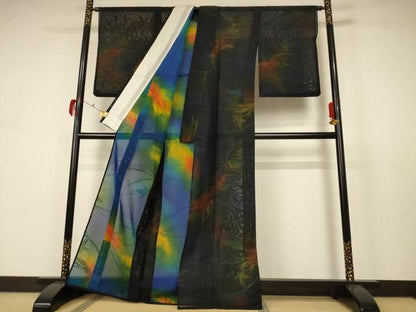 平和屋着物＊夏物 小紋 紗 草葉文 正絹 逸品 AABB6722jd