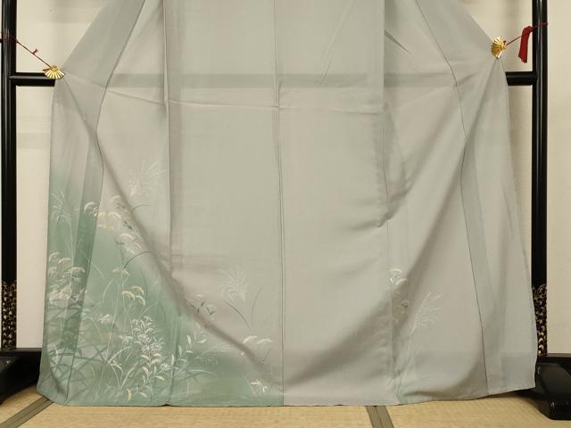 平和屋着物＊夏物 訪問着 絽 手描き 草花文 暈し染め 金銀彩 ロング丈 正絹 逸品 AABB6723jd