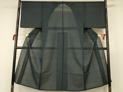 平和屋着物＊夏物 男性 紗紬 色無地 黒緑色 正絹 逸品 AABB6726jd