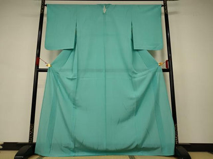 平和屋着物＊夏物 色無地 絽 枝葉紋紗 青緑色 ロング丈 正絹 逸品 AABB6736jd