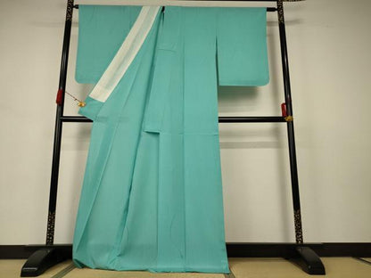 平和屋着物＊夏物 色無地 絽 枝葉紋紗 青緑色 ロング丈 正絹 逸品 AABB6736jd