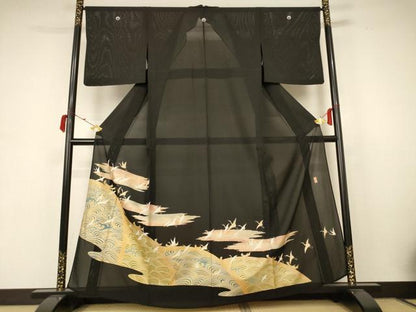 平和屋着物＊夏物 黒留袖 絽 作家物 立波飛鶴文 金彩 正絹 逸品 AABB6767jd