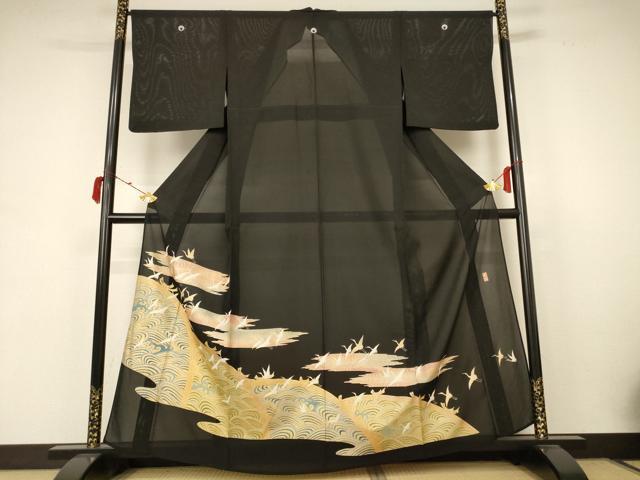 平和屋着物＊夏物 黒留袖 絽 作家物 立波飛鶴文 金彩 正絹 逸品 AABB6767jd