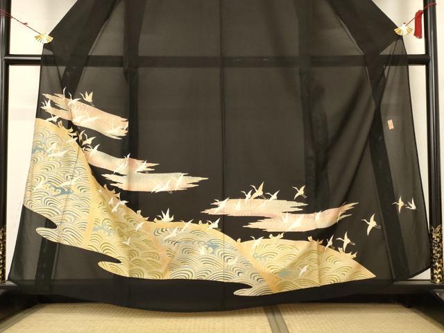 平和屋着物＊夏物 黒留袖 絽 作家物 立波飛鶴文 金彩 正絹 逸品 AABB6767jd