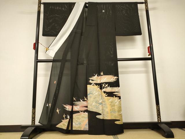 平和屋着物＊夏物 黒留袖 絽 作家物 立波飛鶴文 金彩 正絹 逸品 AABB6767jd