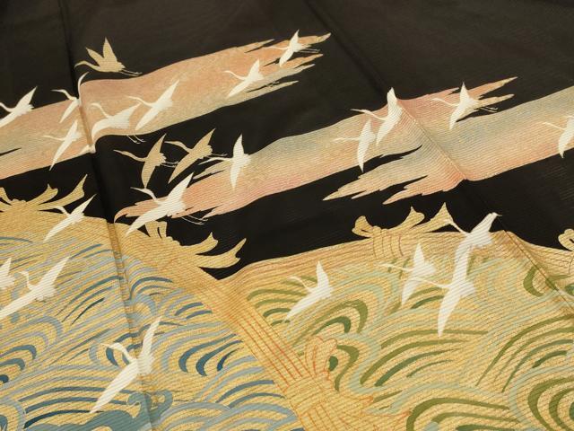 平和屋着物＊夏物 黒留袖 絽 作家物 立波飛鶴文 金彩 正絹 逸品 AABB6767jd