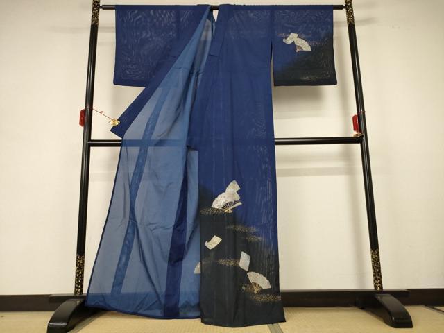 平和屋着物＊夏物　訪問着　絽　扇子草花文　金彩　洗える着物　AABB6769jd