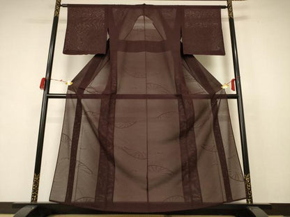 平和屋着物＊夏物 色無地 絽 片輪車紋紗 黒鳶色 正絹 逸品 AABB6795jd