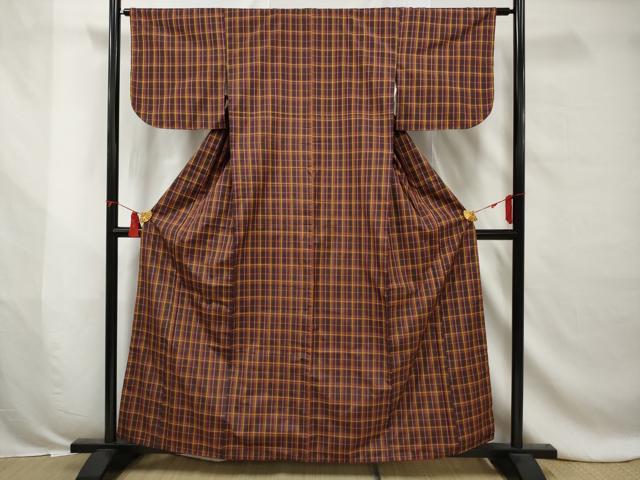 平和屋着物■上質な紬　格子重ね文　正絹　逸品　AABB6941gw