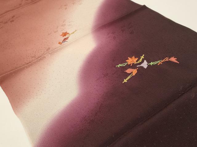 平和屋着物●和装小物　上質な帯揚げ　刺繍　舞葉文　暈し染め　逸品　AABB7170ay