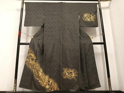 平和屋着物●訪問着　竹屋町刺繍　草花文　黒地　金彩　正絹　逸品　AABB7203ph