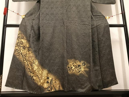 平和屋着物●訪問着　竹屋町刺繍　草花文　黒地　金彩　正絹　逸品　AABB7203ph