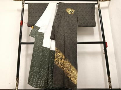 平和屋着物●訪問着　竹屋町刺繍　草花文　黒地　金彩　正絹　逸品　AABB7203ph