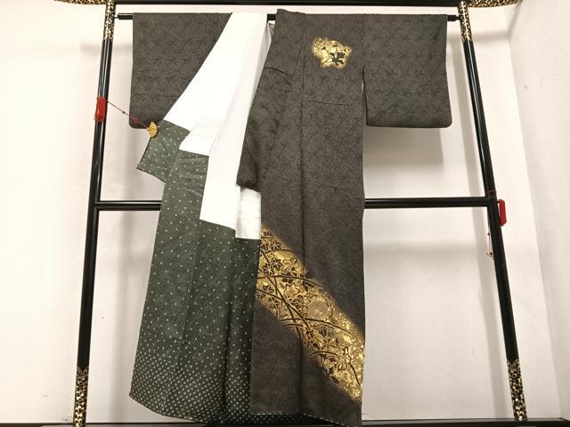 平和屋着物●訪問着　竹屋町刺繍　草花文　黒地　金彩　正絹　逸品　AABB7203ph