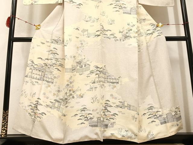 平和屋着物●本場染大島紬 訪問着 松竹梅風景文 金彩 正絹 逸品 AABB7220ph