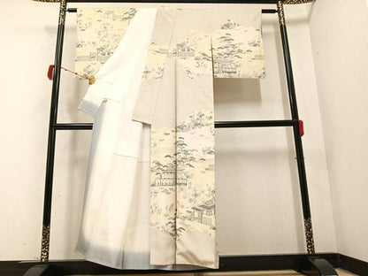 平和屋着物●本場染大島紬 訪問着 松竹梅風景文 金彩 正絹 逸品 AABB7220ph