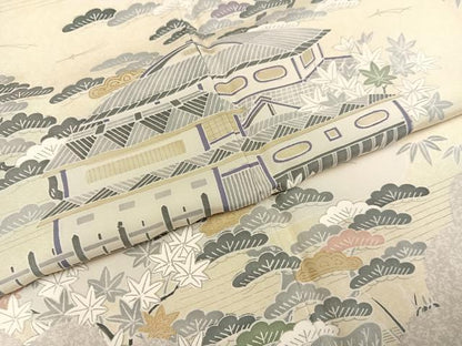 平和屋着物●本場染大島紬 訪問着 松竹梅風景文 金彩 正絹 逸品 AABB7220ph