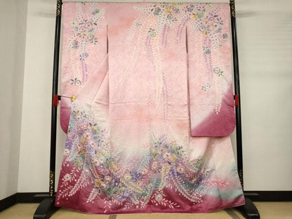 平和屋着物●伯河貞雄 振袖 辻が花 絞り 舞花文 暈し染め 金通し地 正絹 逸品 AABB7325ck