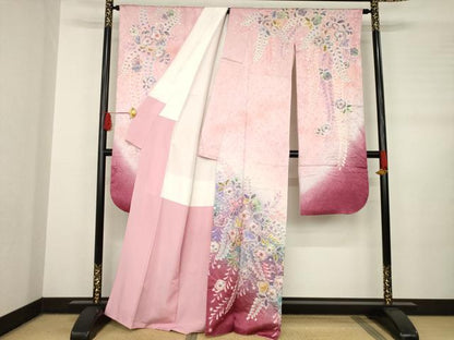 平和屋着物●伯河貞雄 振袖 辻が花 絞り 舞花文 暈し染め 金通し地 正絹 逸品 AABB7325ck
