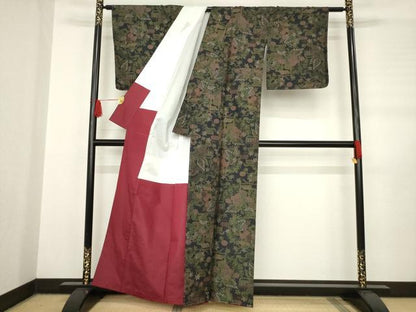 平和屋着物●本場大島紬 一元7マルキ 花籬文 黒地 正絹 逸品 AABB7329ck