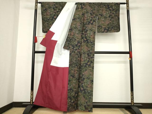 平和屋着物●本場大島紬 一元7マルキ 花籬文 黒地 正絹 逸品 AABB7329ck