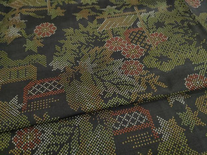 平和屋着物●本場大島紬 一元7マルキ 花籬文 黒地 正絹 逸品 AABB7329ck