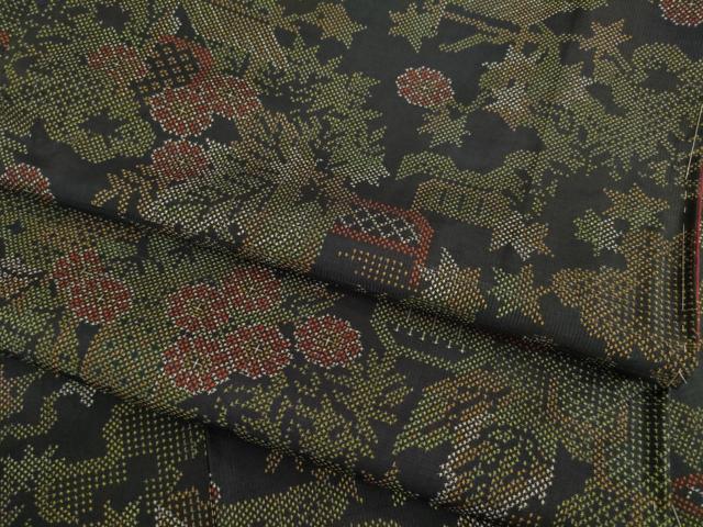 平和屋着物●本場大島紬 一元7マルキ 花籬文 黒地 正絹 逸品 AABB7329ck