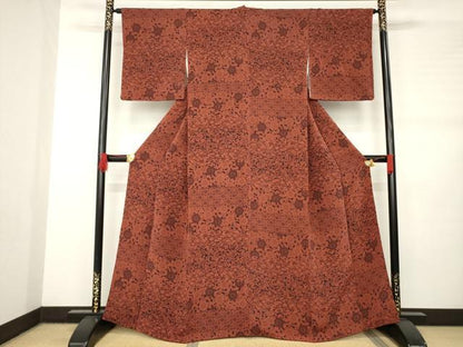 平和屋着物●上質な小紋 型染め 横段花文 正絹 逸品 AABB7357ck