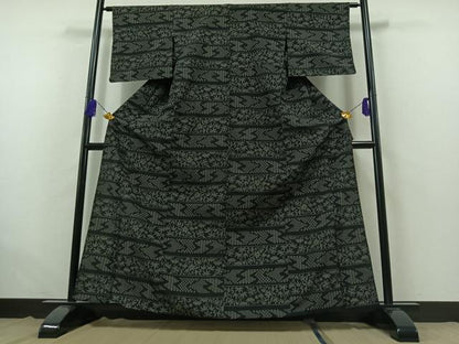 平和屋着物▽本塩沢 単衣 横段花文 正絹 逸品 AABB7721jh