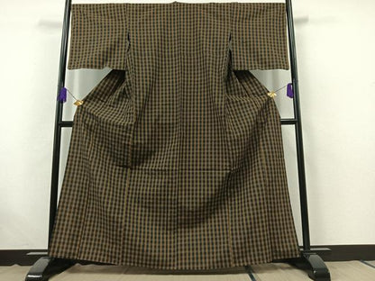 平和屋着物▽上質な紬 単衣 格子 正絹 逸品 AABB7722jh
