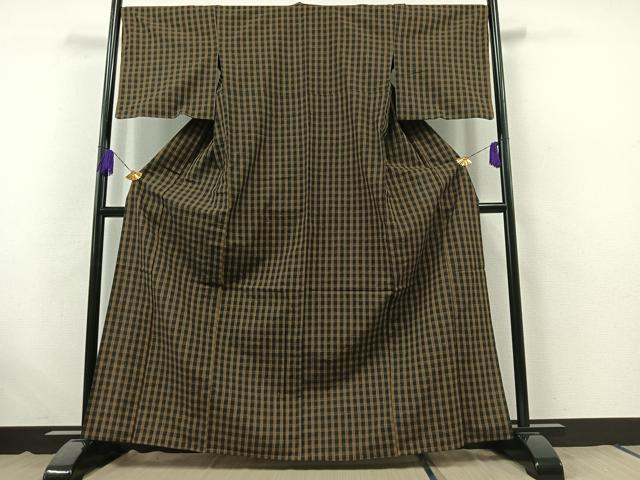 平和屋着物▽上質な紬 単衣 格子 正絹 逸品 AABB7722jh